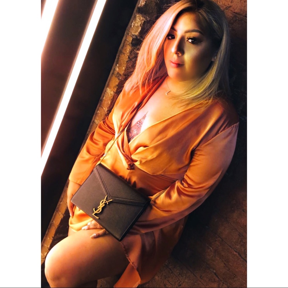 PLUS RUST SATIN LONG SLEEVE WRAP DRESS